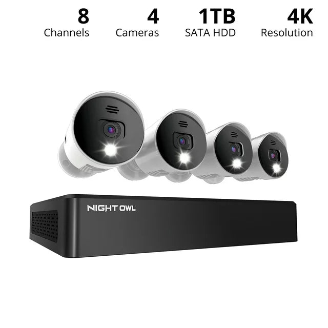 Night Owl Security Camera System CCTV, 8 Channel Bluetooth DVR with 1TB Hard Drive, 4 Wired 4K Ultra HD Spotlight Surveillance Bullet Cameras, Audio Enabled Indoor Outdoor Cameras with Night Vision - DealJustDeal