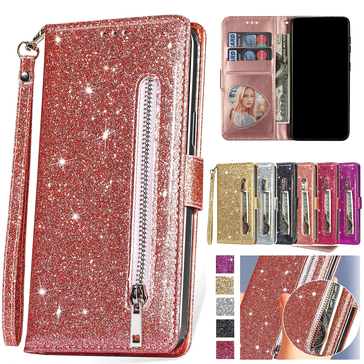 Wallet Bling Leather Zipper Flip Galaxy A and M Case - DealJustDeal