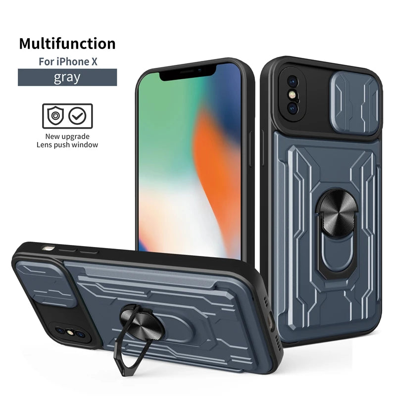 Slide Camera Card Slot Kickstand Magnetic Ring Shockproof Armor iPhone Case - DealJustDeal