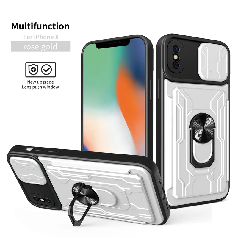 Slide Camera Card Slot Kickstand Magnetic Ring Shockproof Armor iPhone Case - DealJustDeal