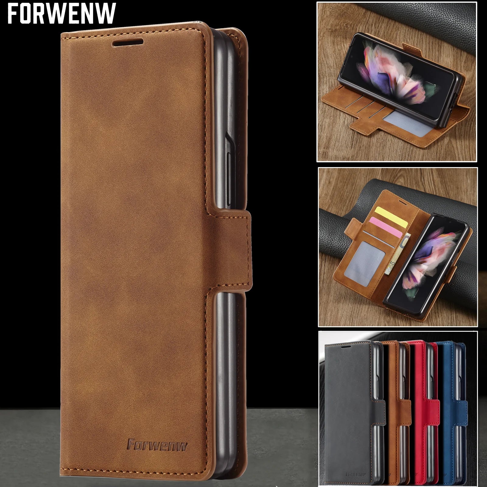 Zipper Pocket Card Holder Wallet  Leather Galaxy Z Fold Case - DealJustDeal