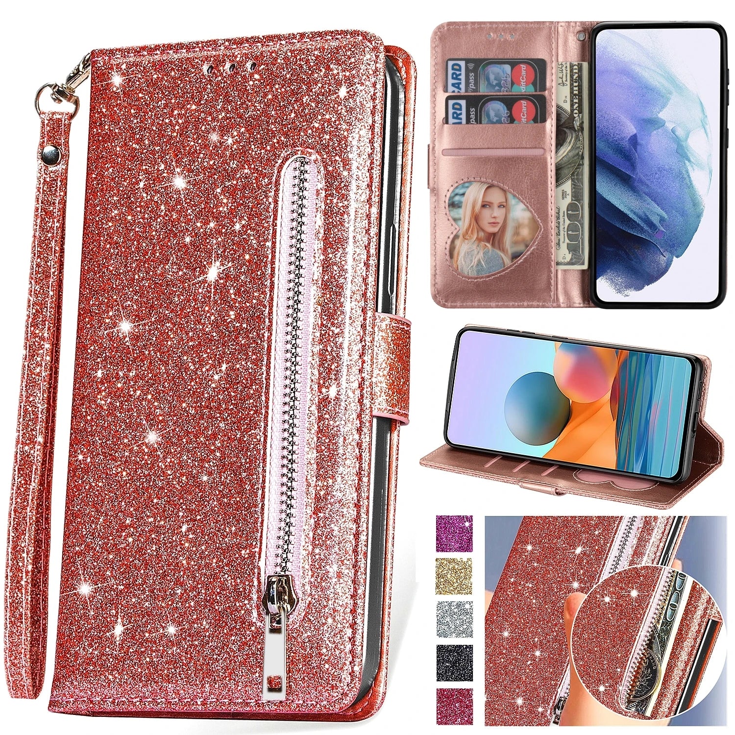 Zipper Flip Wallet Glitter Leather Galaxy Note and S Case - DealJustDeal