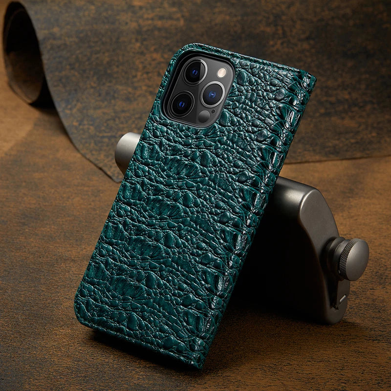 Crocodile Grain Genuine Cowhide Leather Flip iPhone Case - DealJustDeal