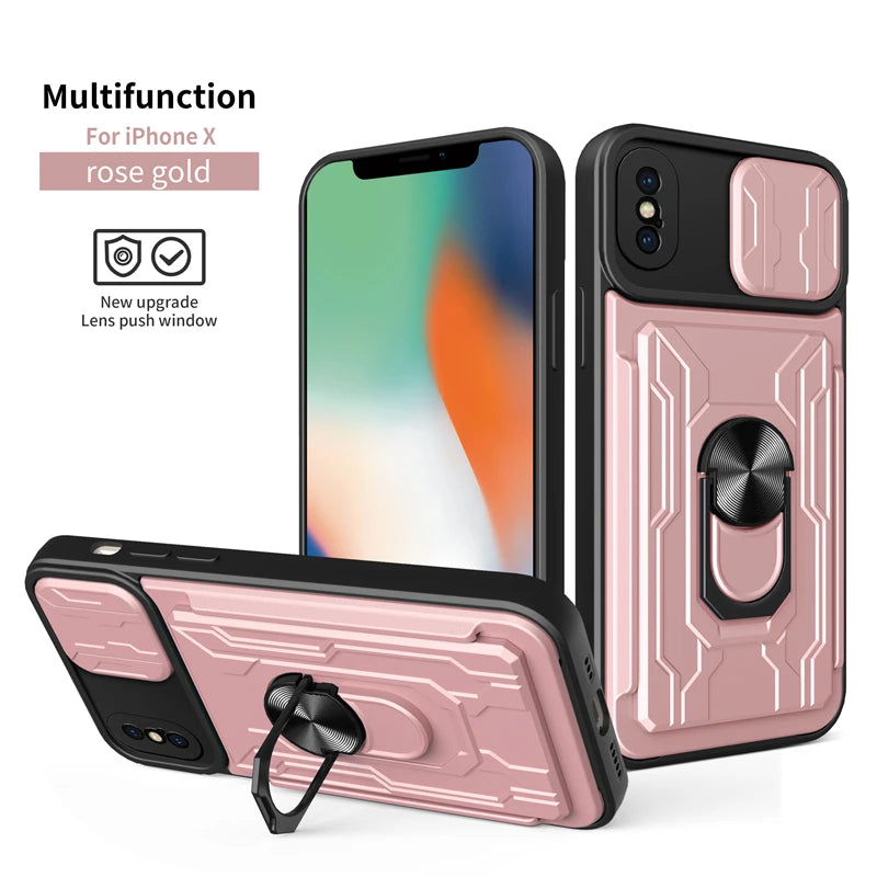 Slide Camera Card Slot Kickstand Magnetic Ring Shockproof Armor iPhone Case - DealJustDeal