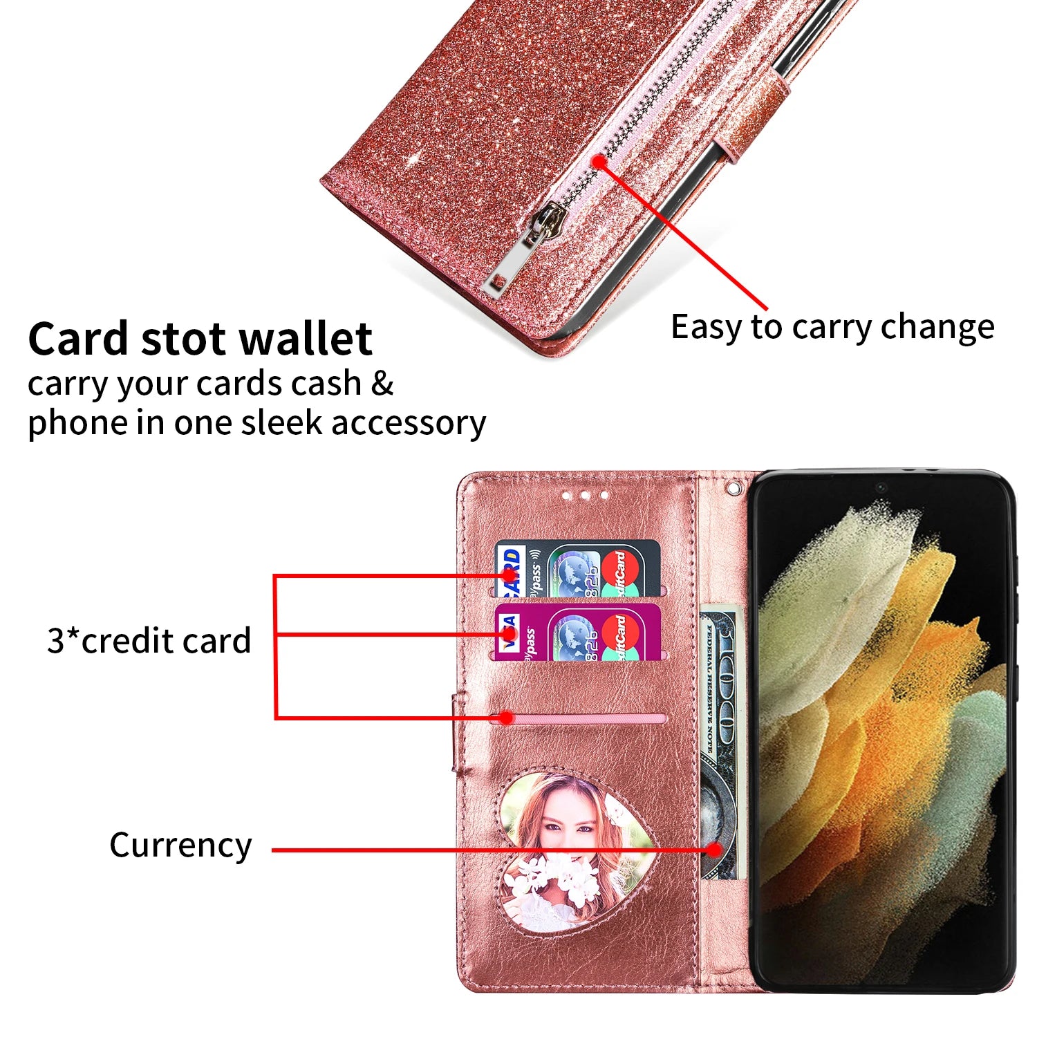 Wallet Zipper Flip Glitter Leather Galaxy A and M Case - DealJustDeal