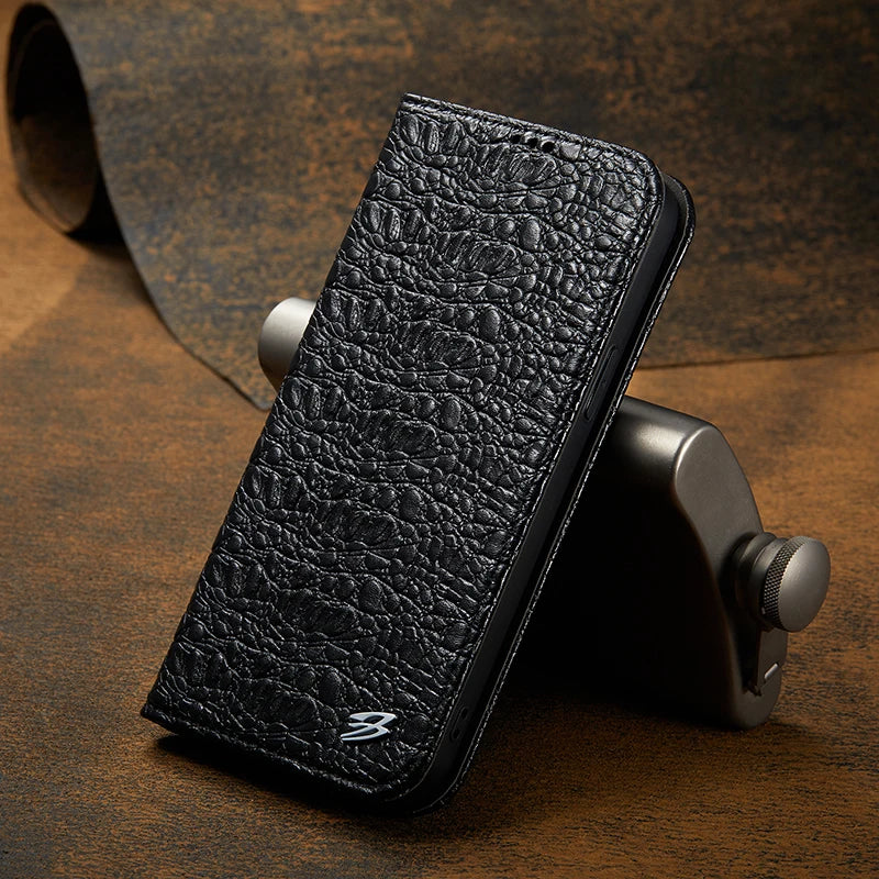 Crocodile Grain Genuine Cowhide Leather Flip iPhone Case - DealJustDeal