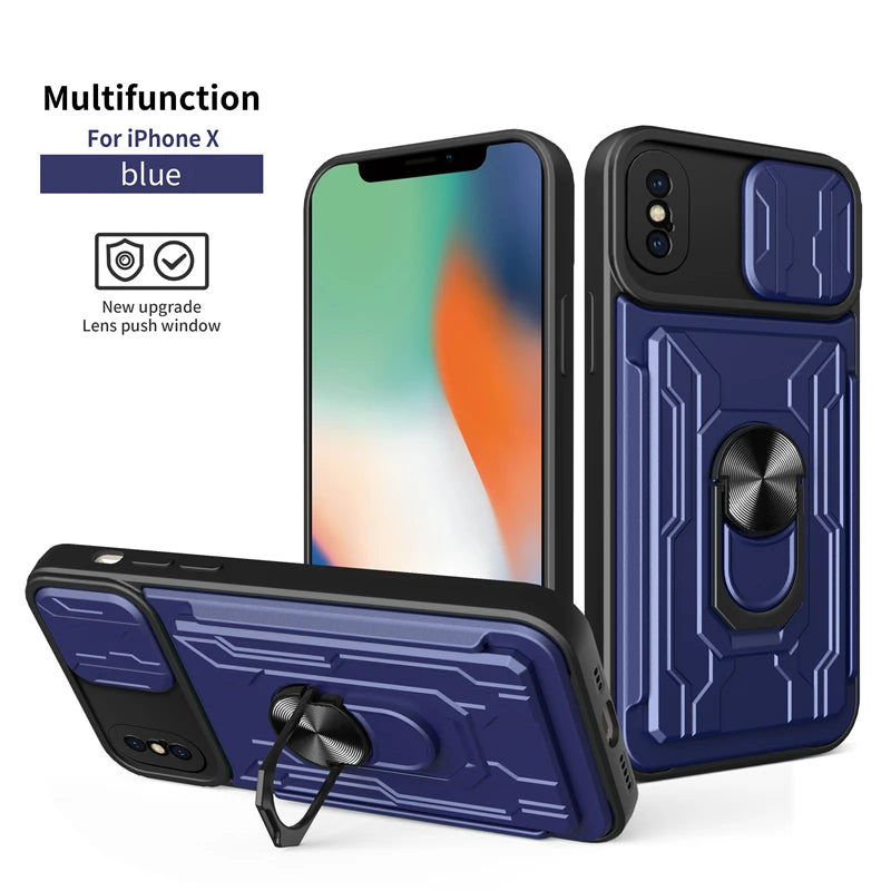 Slide Camera Card Slot Kickstand Magnetic Ring Shockproof Armor iPhone Case - DealJustDeal