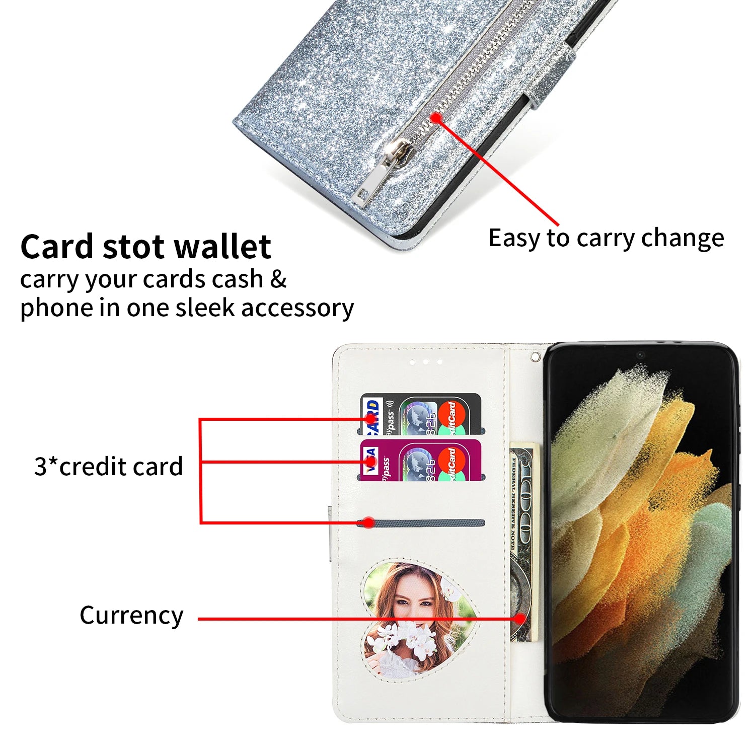 Zipper Flip Wallet Glitter Leather Galaxy A and M Case - DealJustDeal