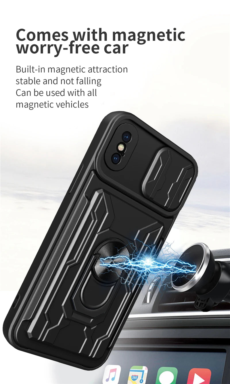 Slide Camera Card Slot Kickstand Magnetic Ring Shockproof Armor iPhone Case - DealJustDeal