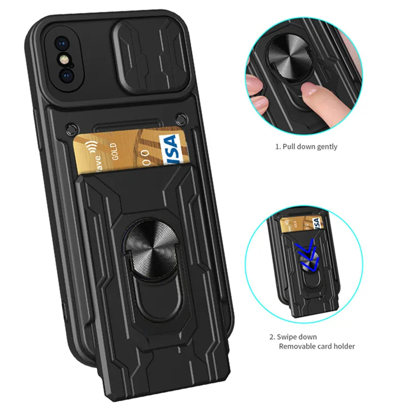 Slide Camera Card Slot Kickstand Magnetic Ring Shockproof Armor iPhone Case - DealJustDeal