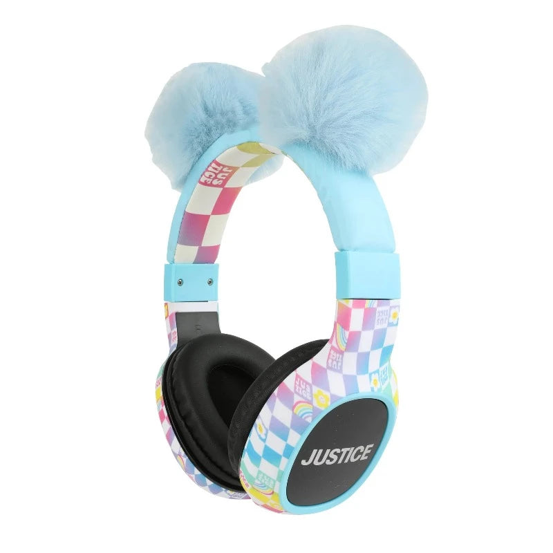 Justice Portable Wireless Bluetooth Headphone with Plush Pom Poms-Blue - DealJustDeal