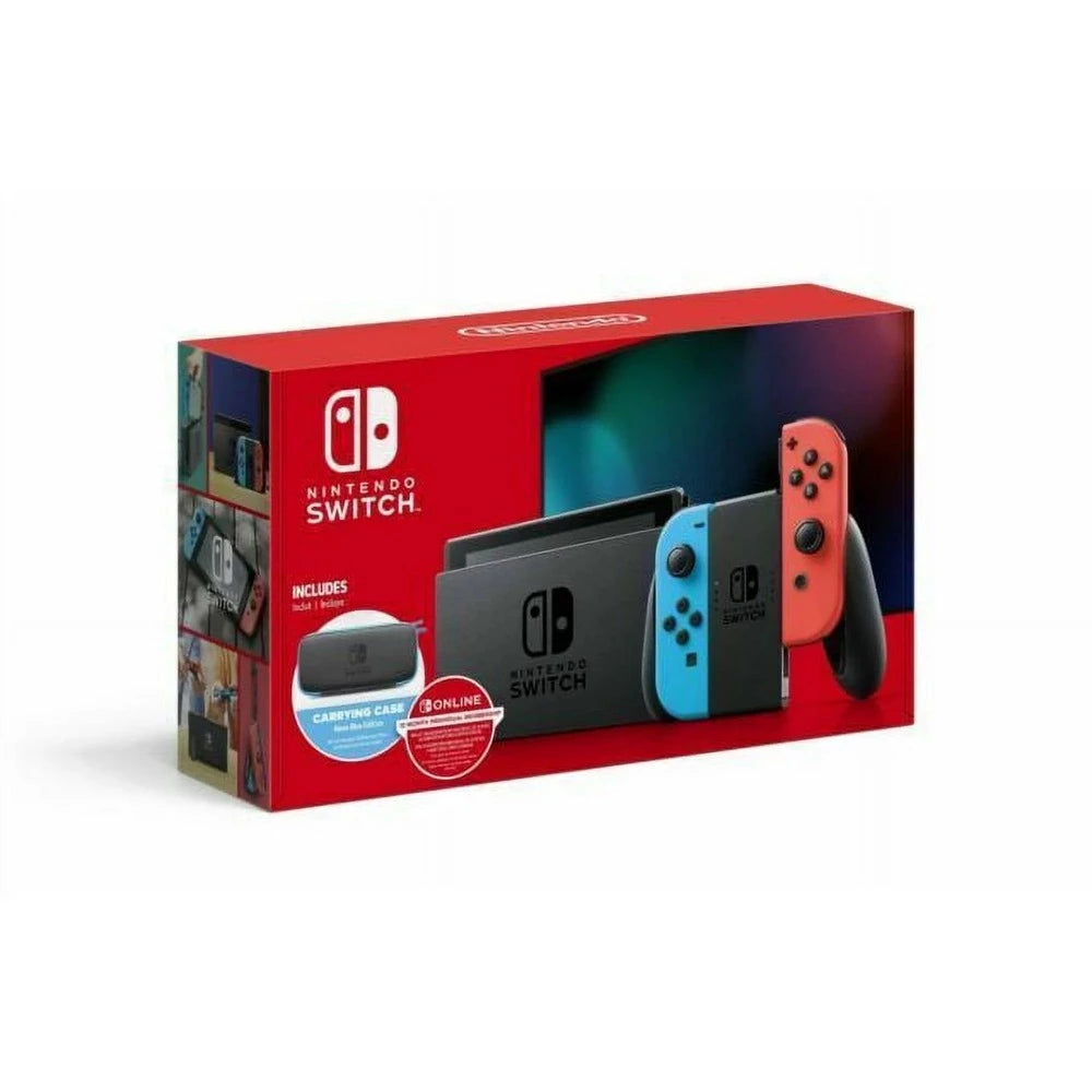 Nintendo Switch w/ Neon Blue & Neon Red Joy-Con + 12 Month Individual Membership Nintendo Switch Online + Carrying Case - DealJustDeal