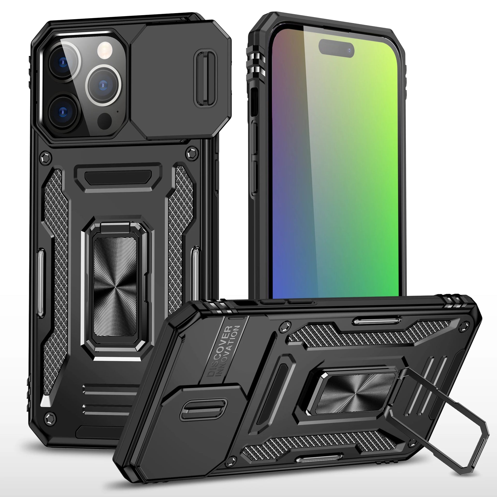 Ring Stand Armor Anti-fall Kickstand Slide Camera iPhone Case - DealJustDeal