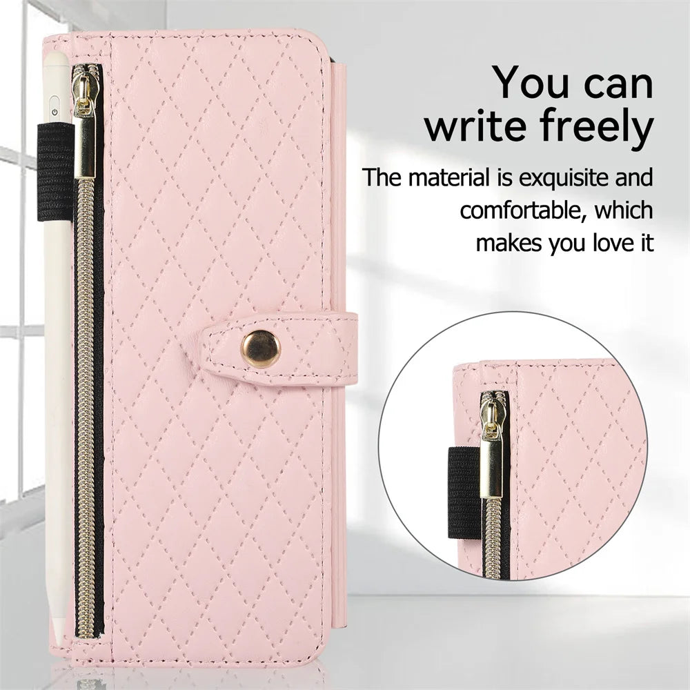 Lanyard and Card Slot Wallet Grid Leather Galaxy Z Fold Case - DealJustDeal