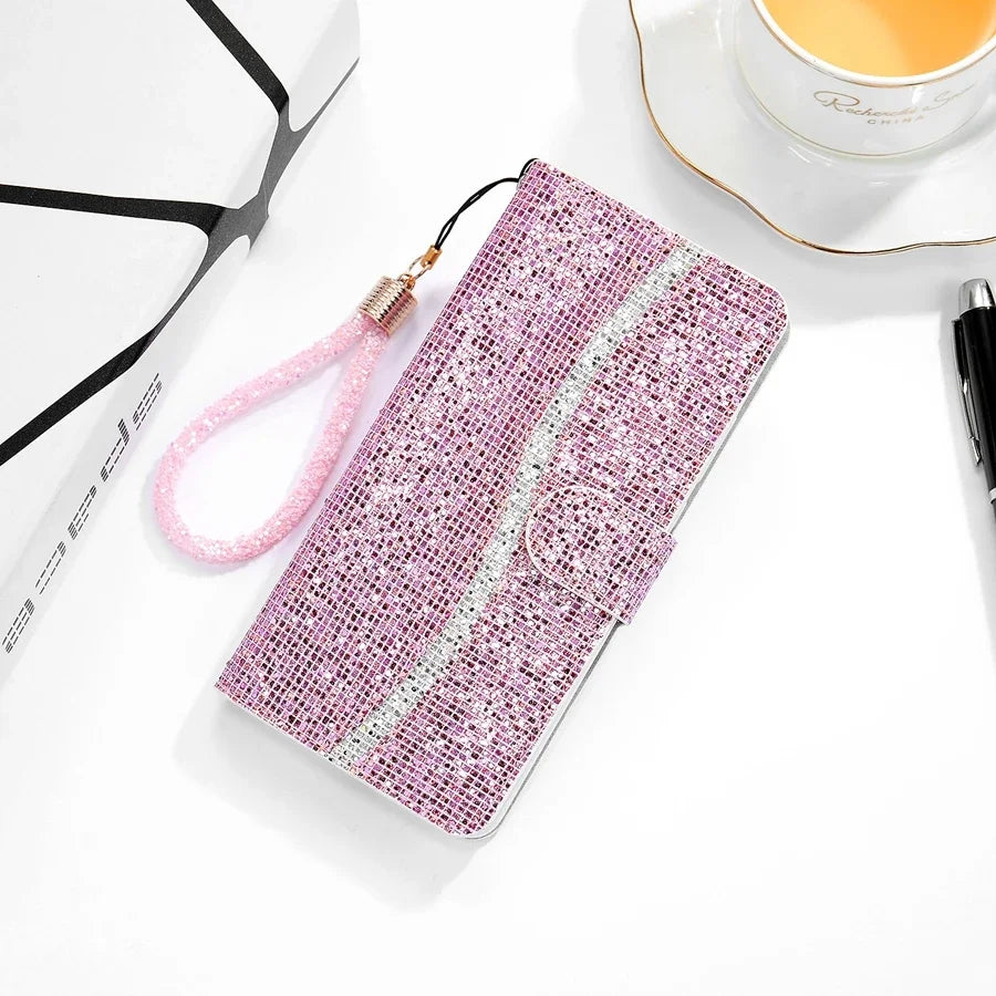 Glitter Anti-fall Wallet Flip Leather iPhone Case With Hand Strap - DealJustDeal