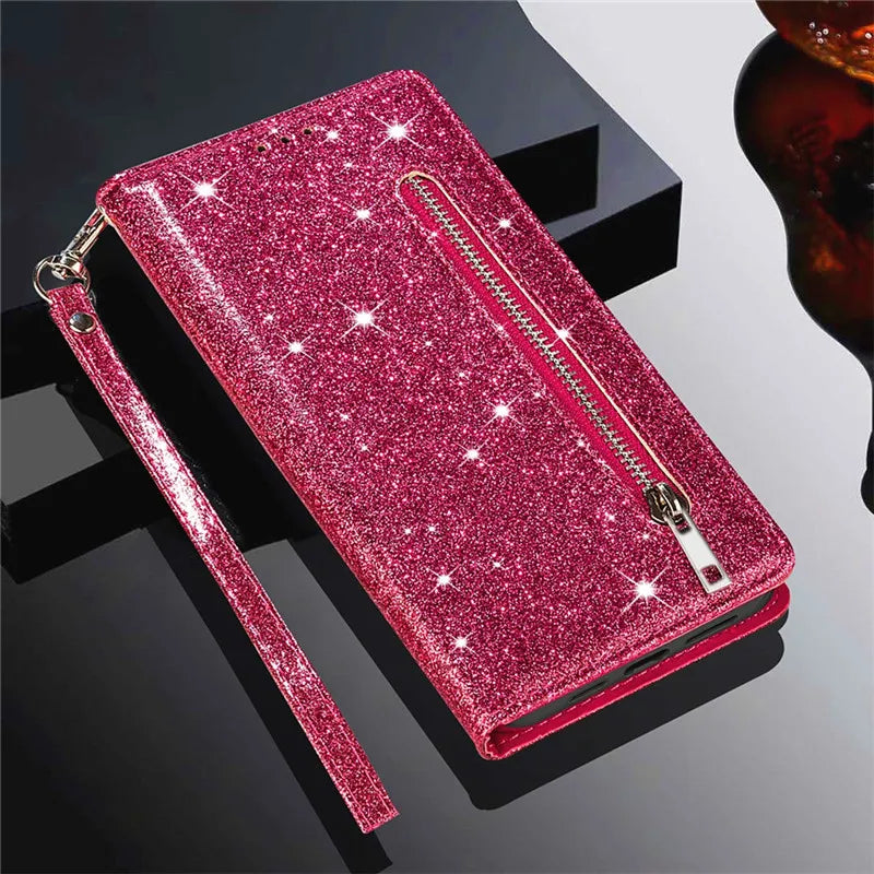 Zipper Flip Wallet Glitter Leather Galaxy Note and S Case - DealJustDeal