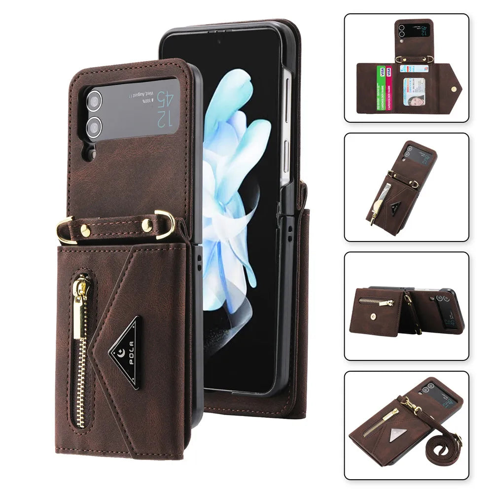 Crossbody Leather Card Slot Zipper Wallet Galaxy Z Flip Case - DealJustDeal