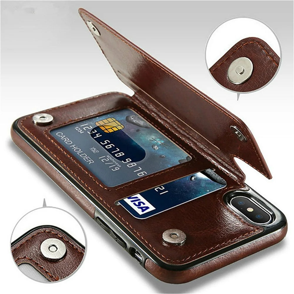 Leather Retro Card Holder Flip Wallet iPhone Case - DealJustDeal