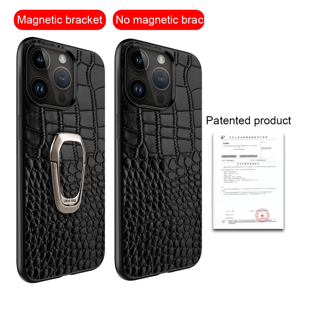 Ring Bracket Back Genuine Leather iPhone Case - DealJustDeal