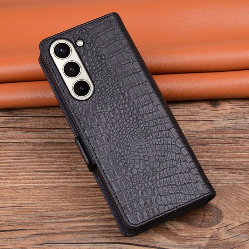 Alligator Grids Litchi Grain Genuine Cowhide Leather Galaxy Z Fold Case - DealJustDeal