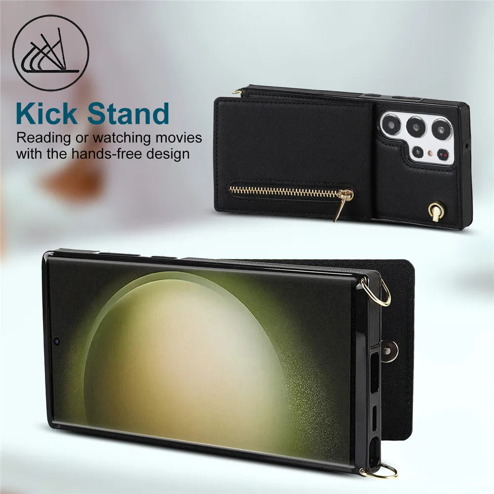 Kickstand Cards Slot Zipper Wallet Lanyard Galaxy Note Case - DealJustDeal