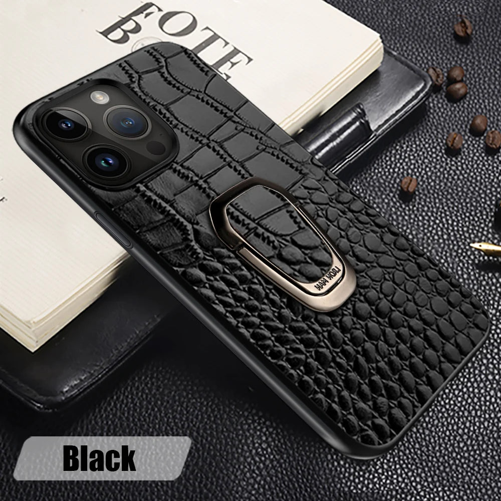 Ring Bracket Back Genuine Leather iPhone Case - DealJustDeal