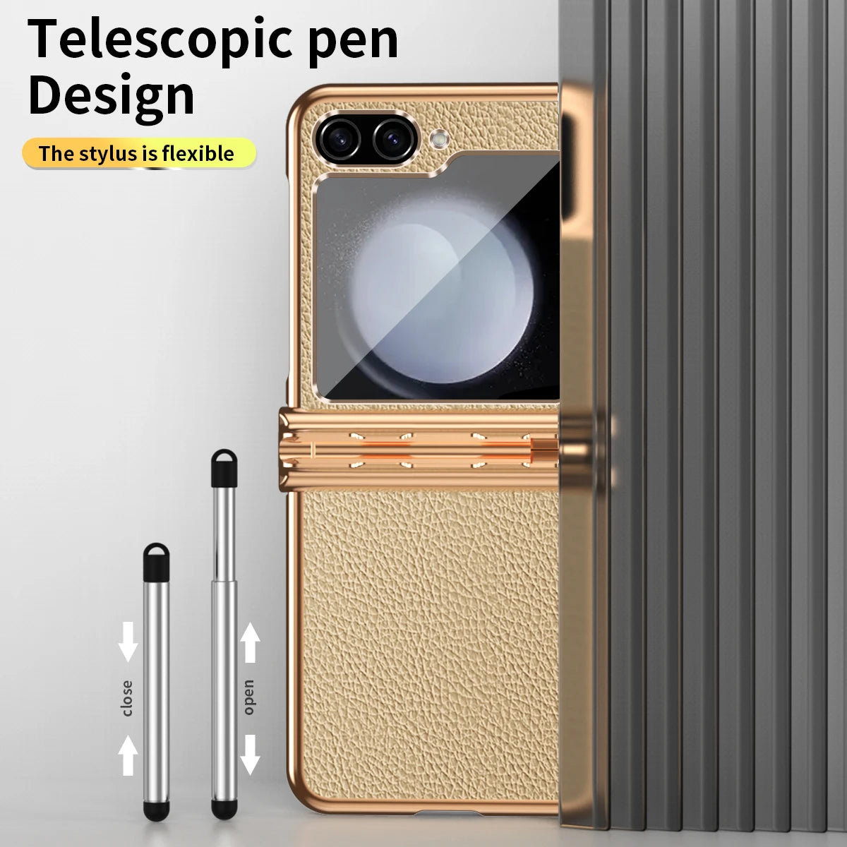 PU Leather Hard PC Electroplate Frame Galaxy Z Flip Case with Touch Pen - DealJustDeal