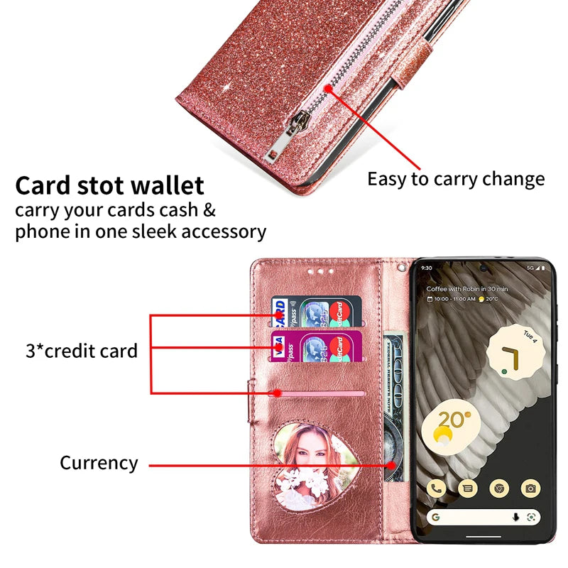 Wallet Glitter Zipper Magnetic Flip Leather Google Case - DealJustDeal