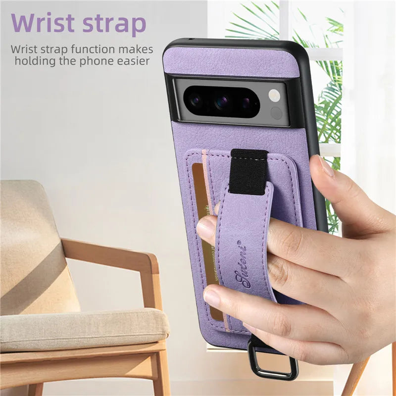 Wrist strap Wallet Cover Cards Holder Pocket Leather Google Case - DealJustDeal