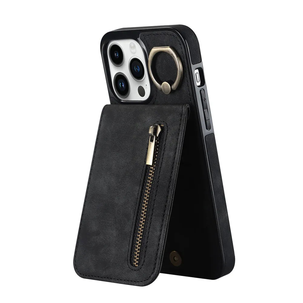 Anti-drop Kickstand Zipper Cards Holder Leather Wallet iPhone Case - DealJustDeal