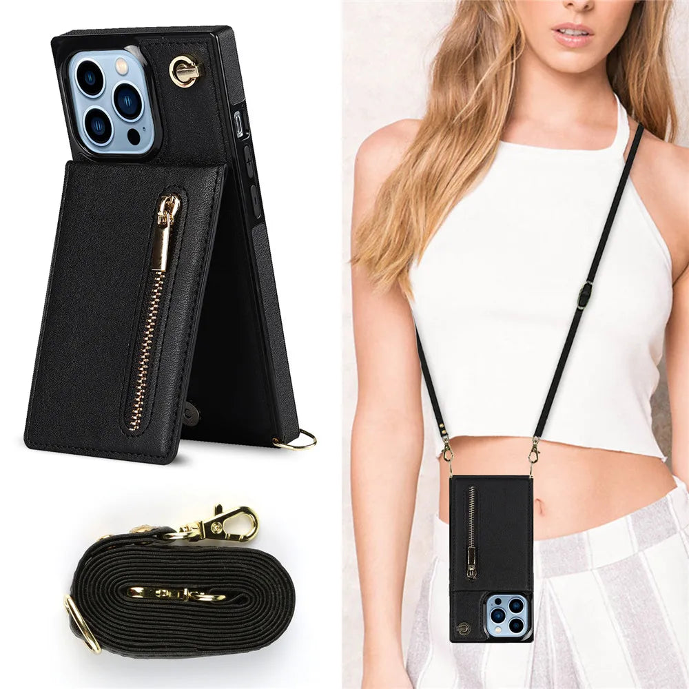 Zipper Wallet Leather iPhone Case With Card Holder Lanyard Strap Crossbody - DealJustDeal