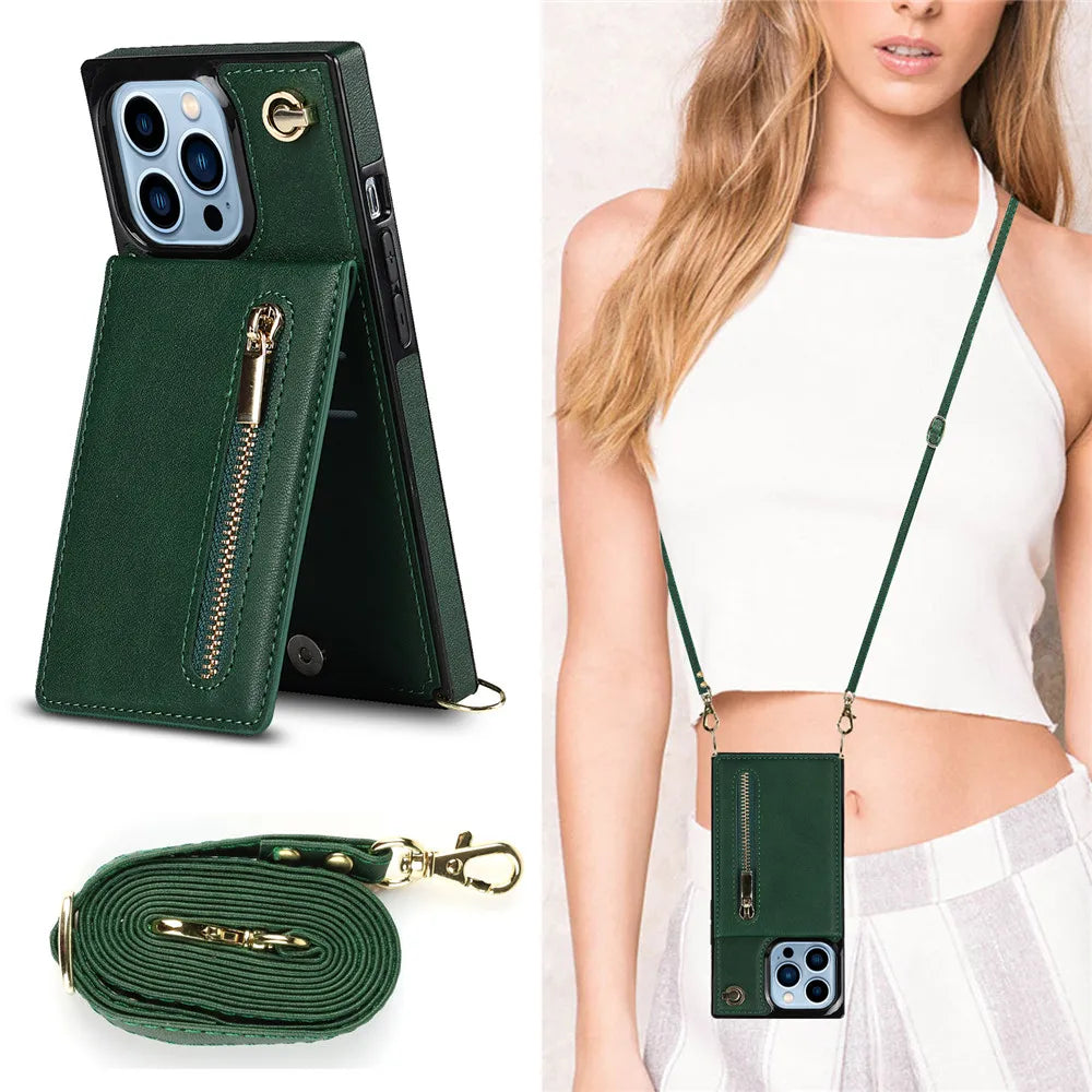 Zipper Wallet Leather iPhone Case With Card Holder Lanyard Strap Crossbody - DealJustDeal