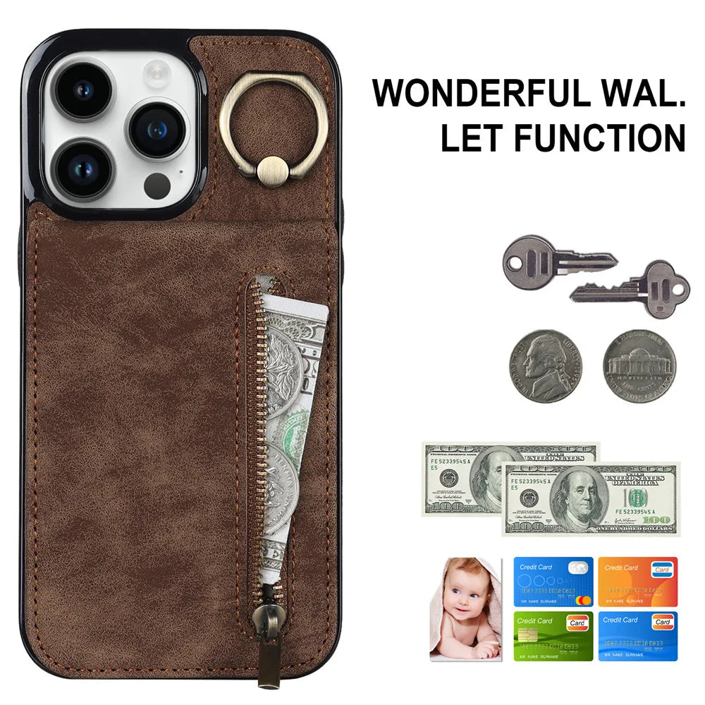 Zipper Cards Holder Leather Wallet iPhone Case - DealJustDeal