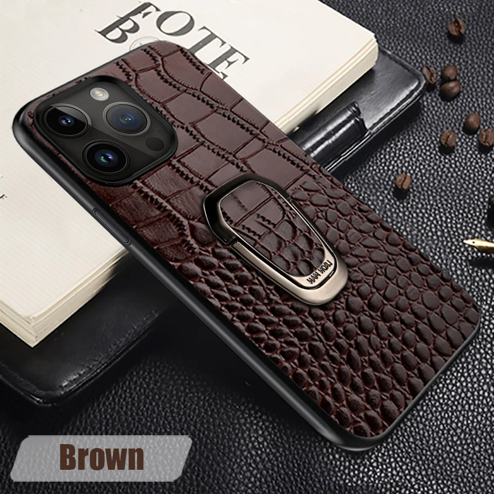 Ring Bracket Back Genuine Leather iPhone Case - DealJustDeal