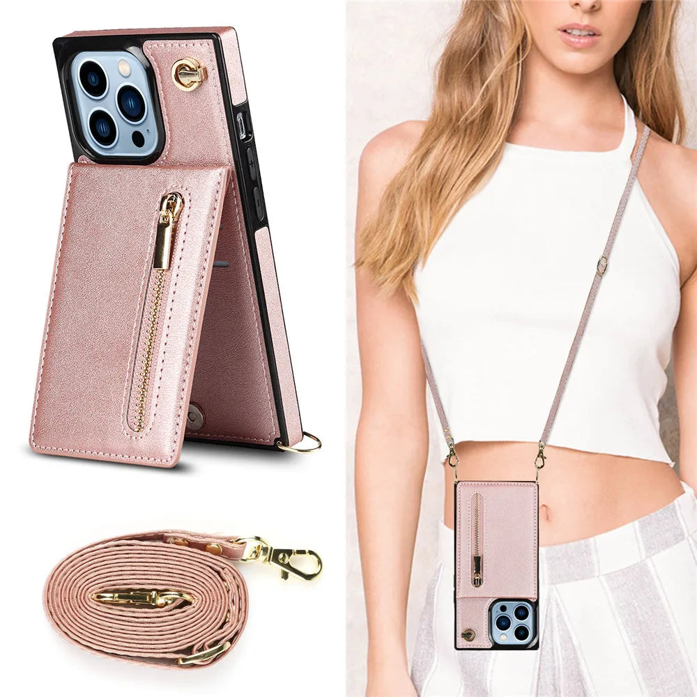 Zipper Wallet Leather iPhone Case With Card Holder Lanyard Strap Crossbody - DealJustDeal