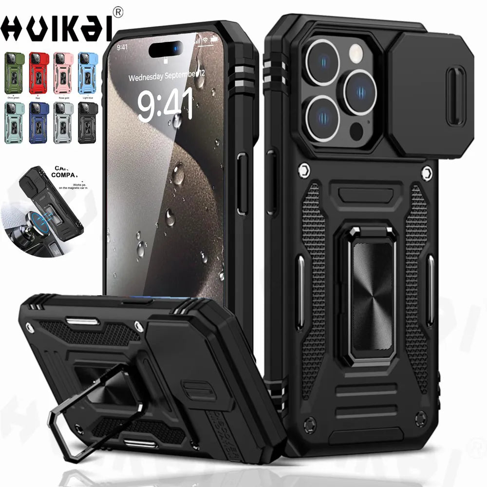 Ring Stand Armor Anti-fall Kickstand Slide Camera iPhone Case - DealJustDeal