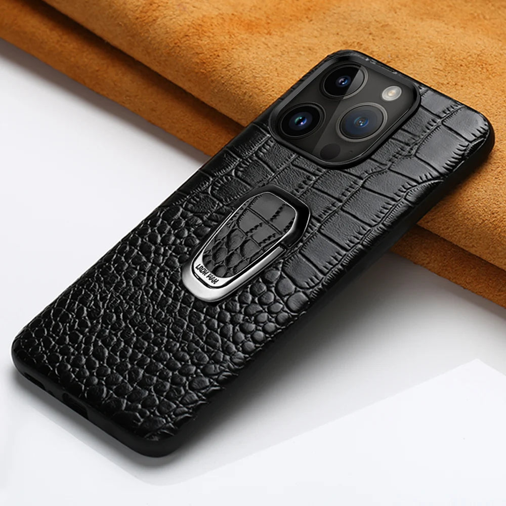 Ring Bracket Back Genuine Leather iPhone Case - DealJustDeal