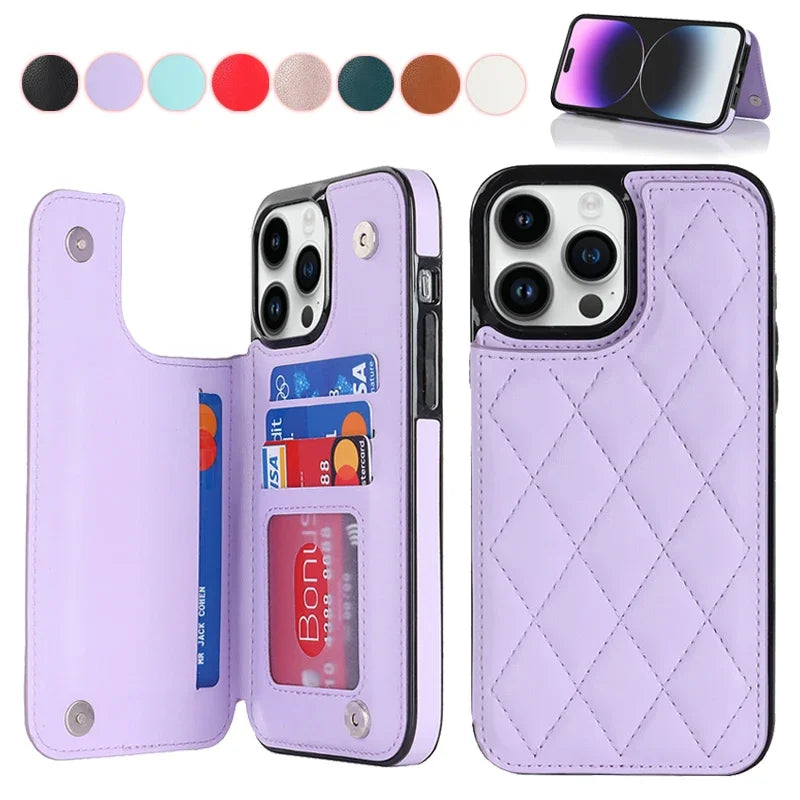 Double Button Wallet Card Flip Leather iPhone Case - DealJustDeal