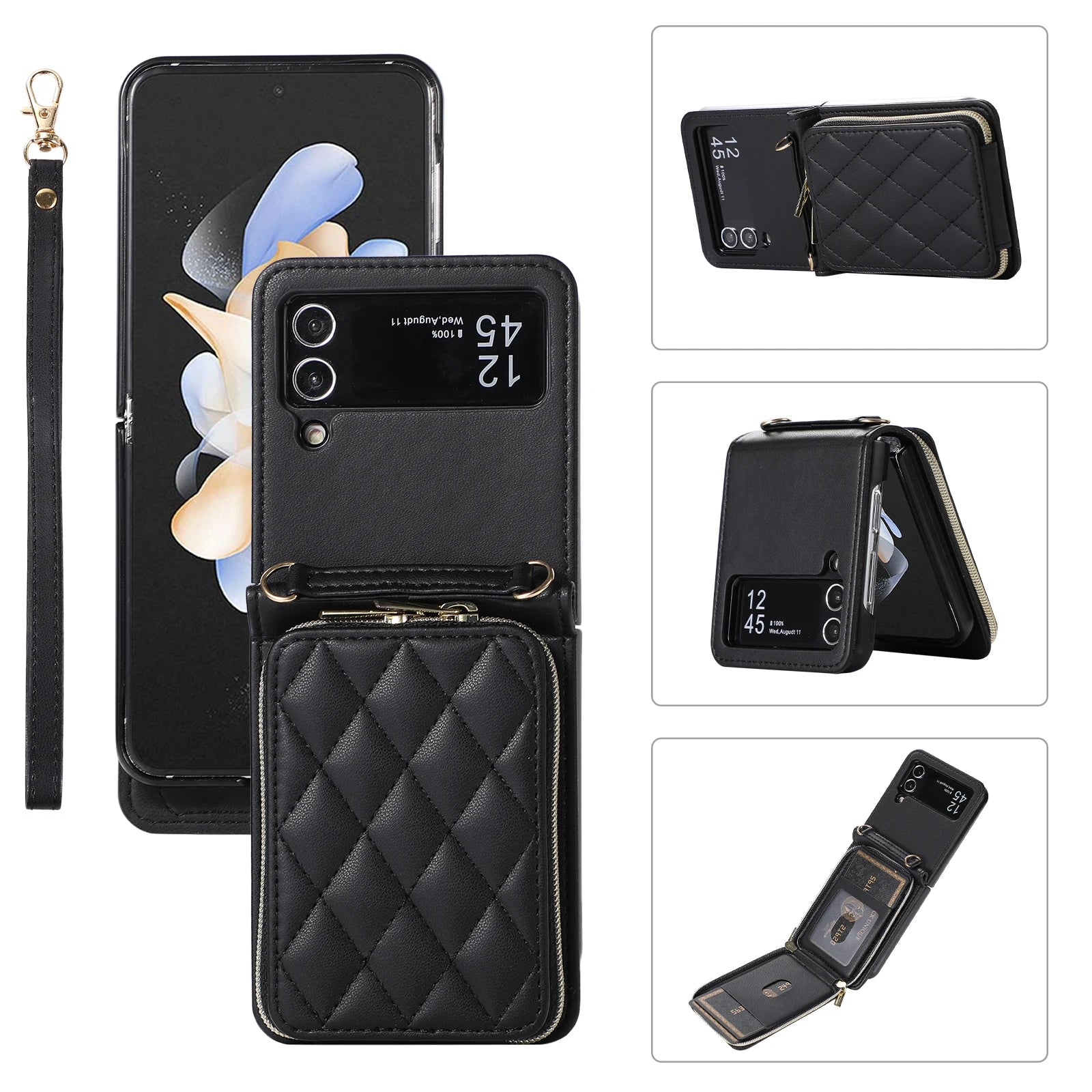 Wrist Strap Zipper Vegan Wallet Leather Galaxy Z Flip Case - DealJustDeal