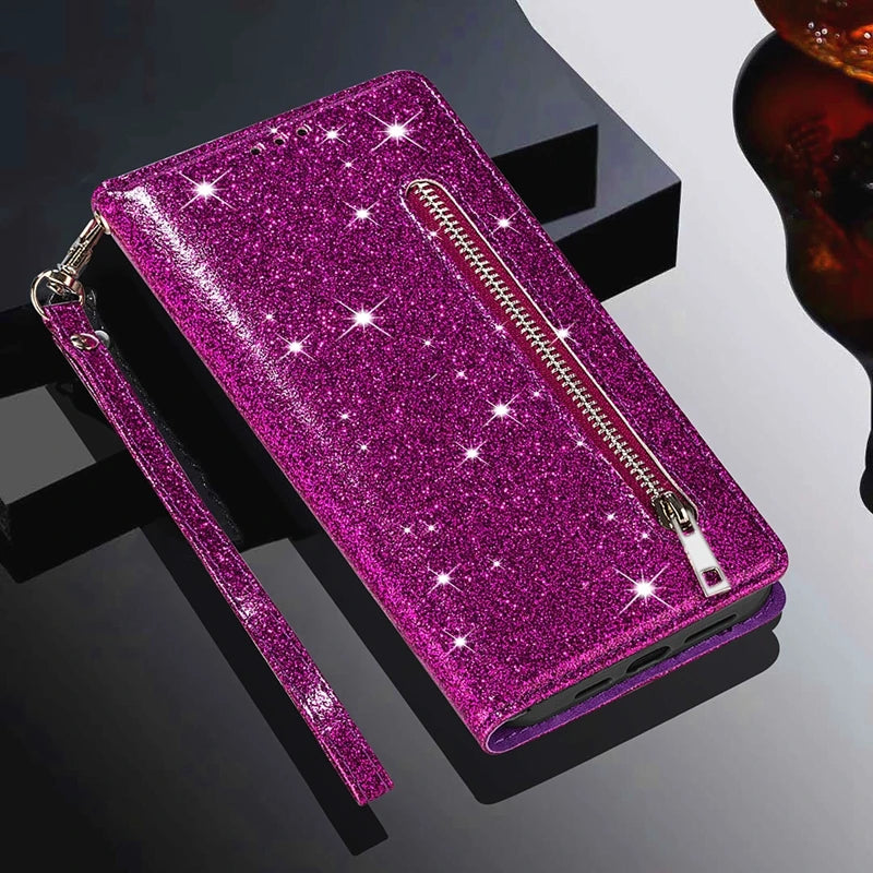 Wallet Glitter Zipper Magnetic Flip Leather Google Case - DealJustDeal