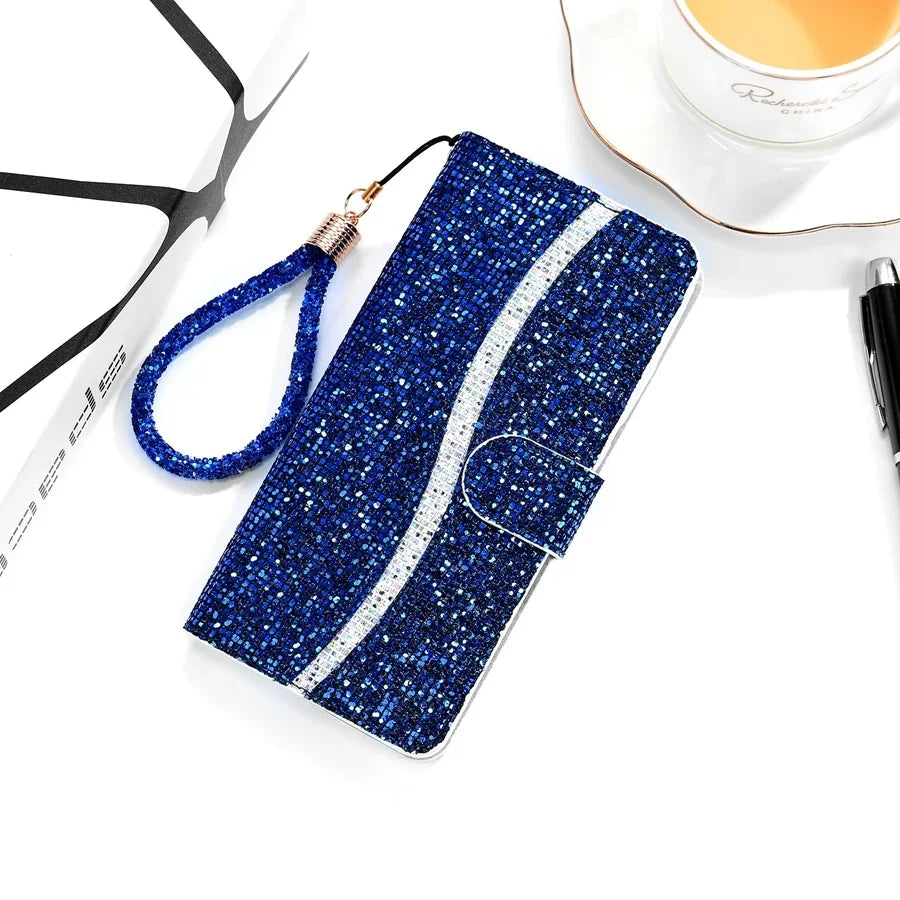 Glitter Anti-fall Wallet Flip Leather iPhone Case With Hand Strap - DealJustDeal