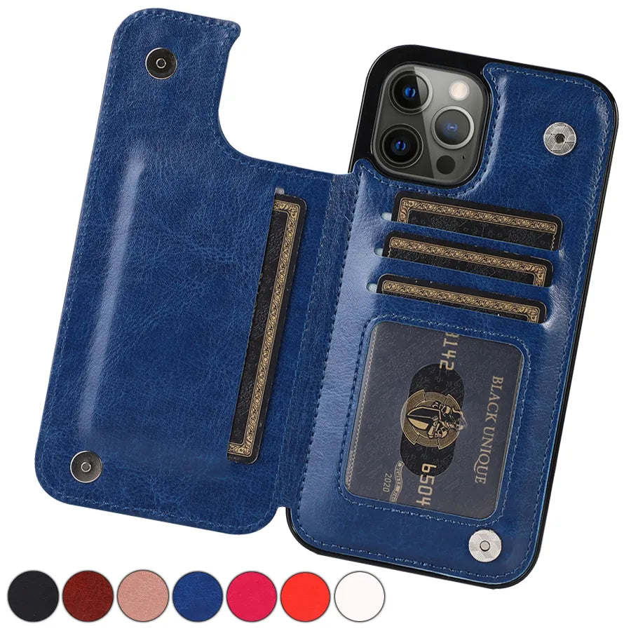 Fall Prevention Wallet Card Slots Magnetic Flip Leather iPhone Case - DealJustDeal