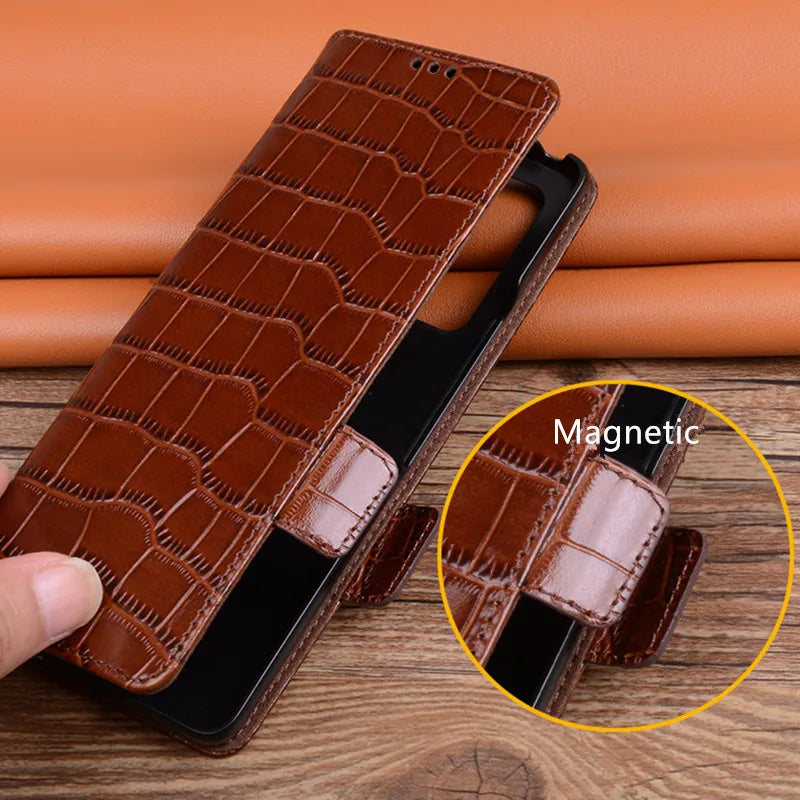 Alligator Grids Litchi Grain Genuine Cowhide Leather Galaxy Z Fold Case - DealJustDeal