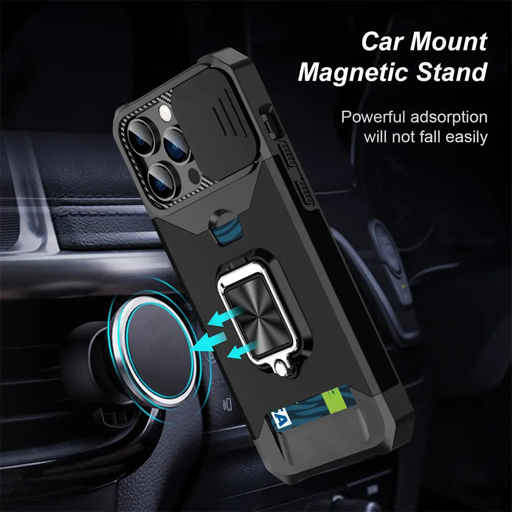 Slide Camera Card Holder Slot Wallet iPhone Case With Ring Stand - DealJustDeal