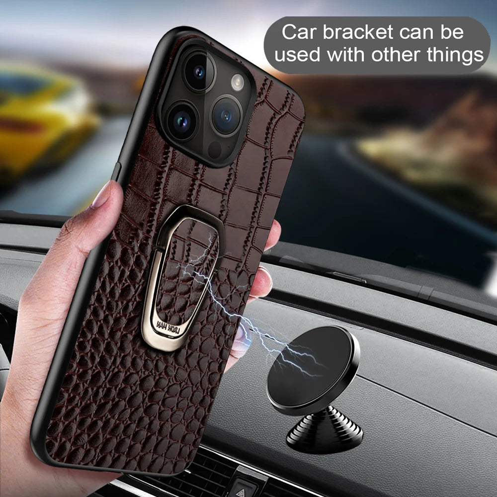 Ring Bracket Back Genuine Leather iPhone Case - DealJustDeal