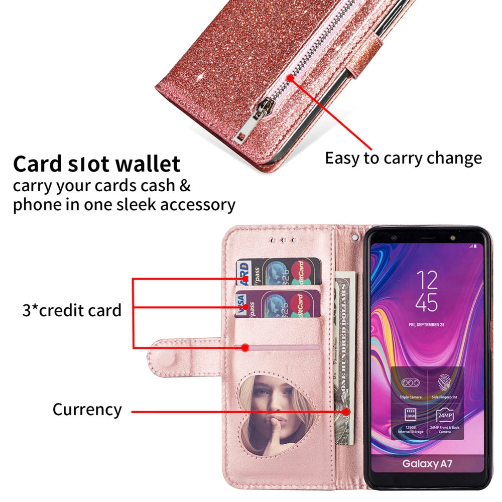 Wallet Bling Leather Zipper Flip Galaxy A and M Case - DealJustDeal