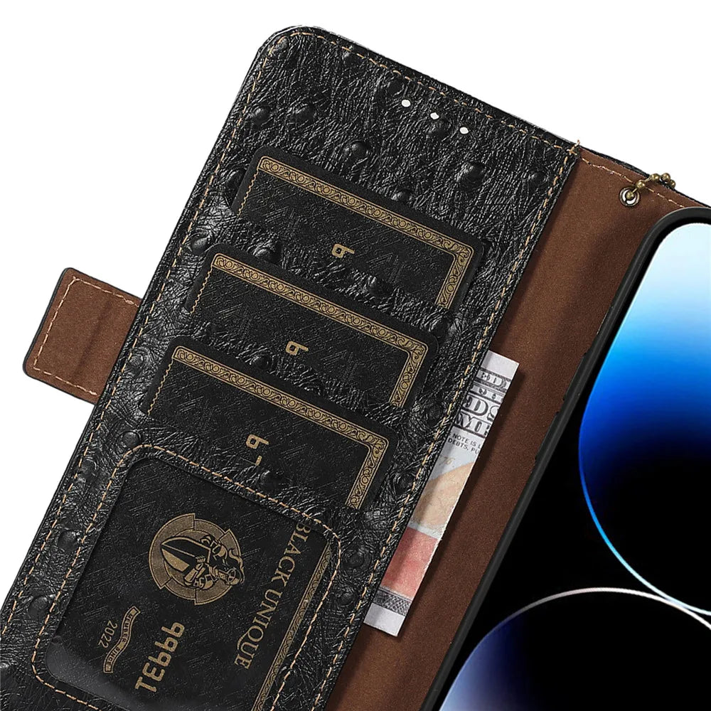 Ostrich Grain Genuine Wallet Flip Leather Galaxy A and S Case - DealJustDeal