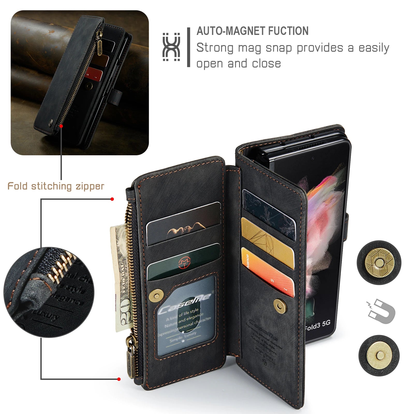 Card Holder Wrist Strap Magnetic Wallet Leather Galaxy Z Fold Case - DealJustDeal