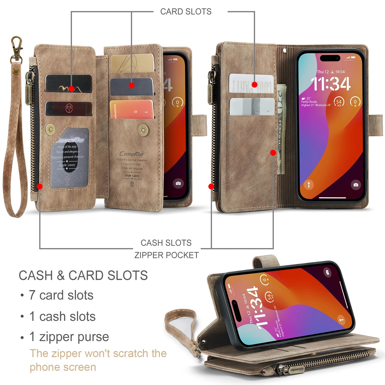 Zipper Card Slot Wallet Leather iPhone Case - DealJustDeal