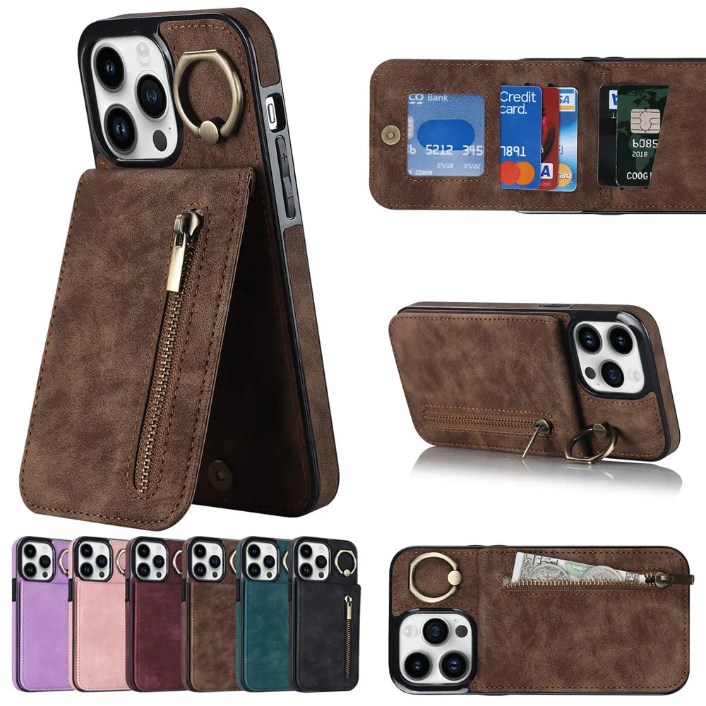 Anti-drop Kickstand Zipper Cards Holder Leather Wallet iPhone Case - DealJustDeal